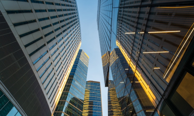 Skyscrapers In Warsaw. Office Buildings In The Business Part Of The City. Glass And Steel Structures. Center Of Warsaw